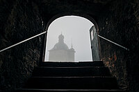 Schloss_Vollrads_Blick aus Weinkeller auf Turm im Nebel